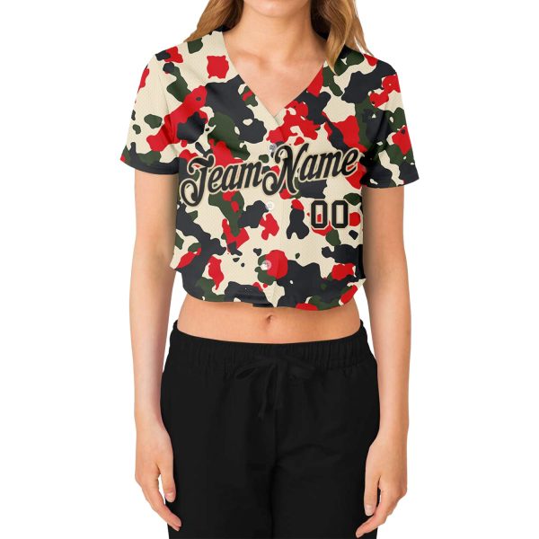 Custom Women's Camo Black-Cream Salute To Service V-Neck Cropped Baseball Jersey - Image 2