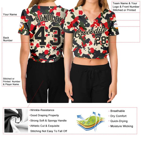 Custom Women's Camo Black-Cream Salute To Service V-Neck Cropped Baseball Jersey - Image 3