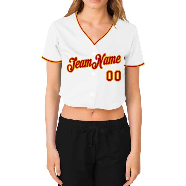Custom Women's White Red-Gold V-Neck Cropped Baseball Jersey - Image 2