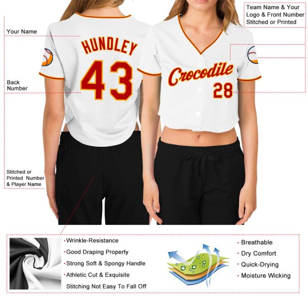 Custom Women's White Red-Gold V-Neck Cropped Baseball Jersey - Image 3