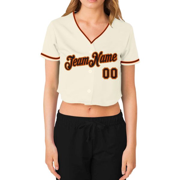 Custom Women's Cream Black Orange-Old Gold V-Neck Cropped Baseball Jersey - Image 2
