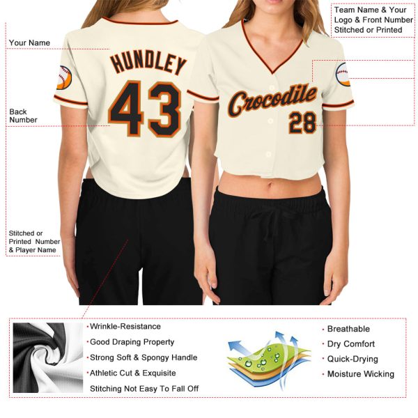 Custom Women's Cream Black Orange-Old Gold V-Neck Cropped Baseball Jersey - Image 3