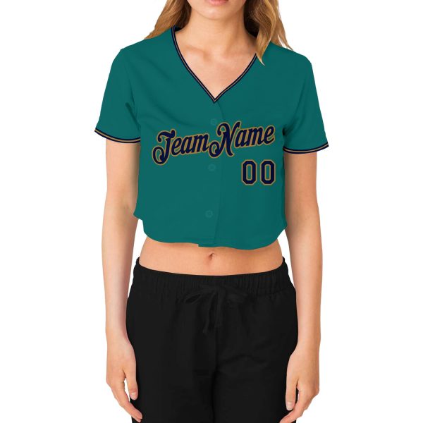 Custom Women's Aqua Navy-Old Gold V-Neck Cropped Baseball Jersey - Image 2