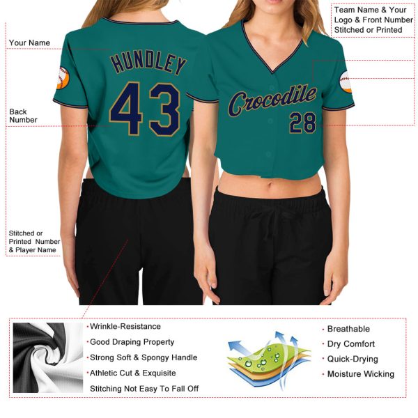 Custom Women's Aqua Navy-Old Gold V-Neck Cropped Baseball Jersey - Image 3
