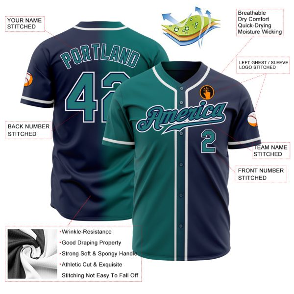 Custom Navy Teal-White Authentic Gradient Fashion Baseball Jersey - Image 2