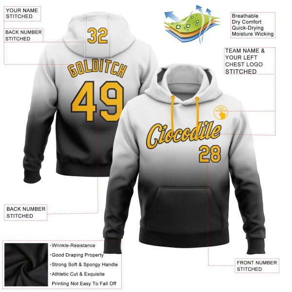 Custom Stitched White Gold-Black Fade Fashion Sports Pullover Sweatshirt Hoodie - Image 2