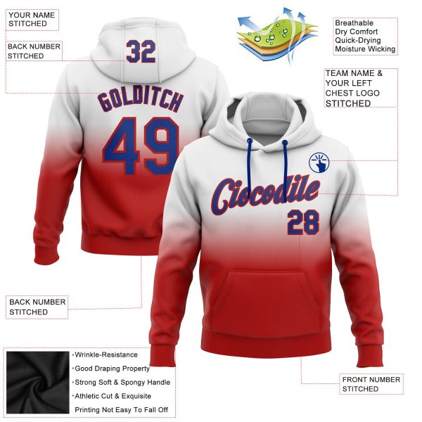 Custom Stitched White Royal-Red Fade Fashion Sports Pullover Sweatshirt Hoodie - Image 2