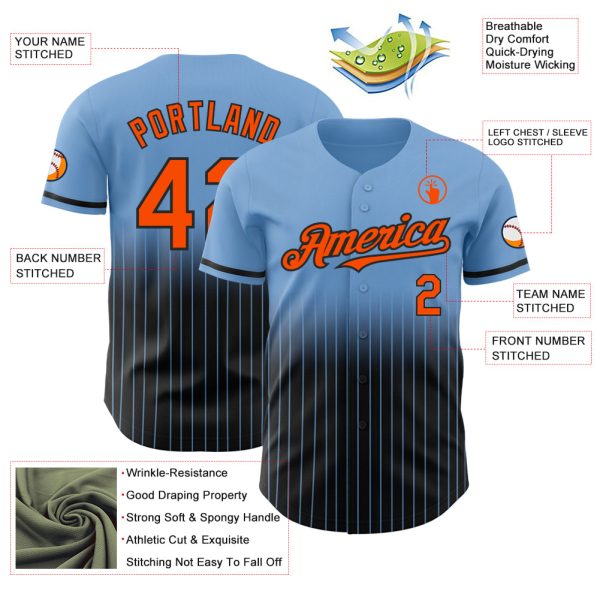 Custom Light Blue Pinstripe Orange-Black Authentic Fade Fashion Baseball Jersey - Image 4