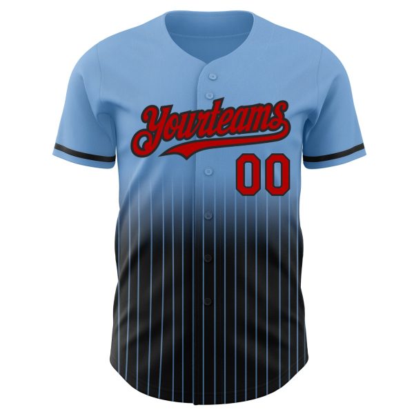 Custom Light Blue Pinstripe Red-Black Authentic Fade Fashion Baseball Jersey - Image 3