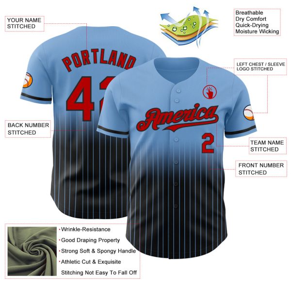 Custom Light Blue Pinstripe Red-Black Authentic Fade Fashion Baseball Jersey - Image 4