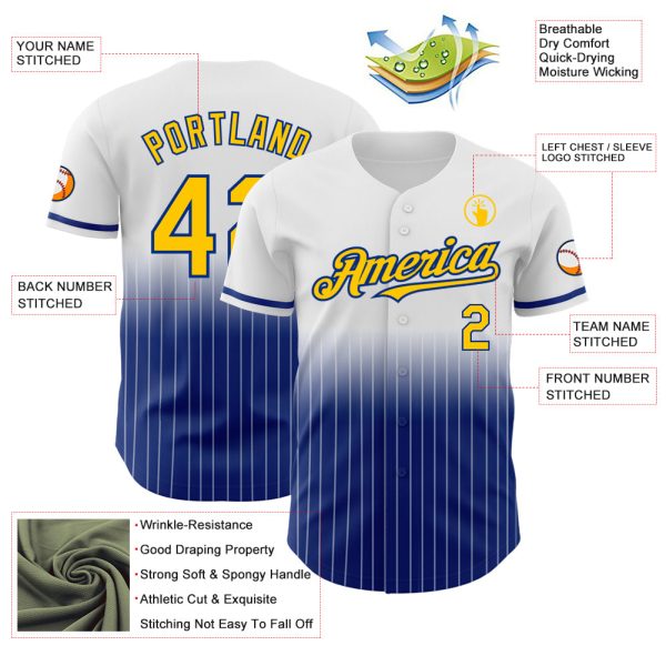 Custom White Pinstripe Yellow-Royal Authentic Fade Fashion Baseball Jersey - Image 4