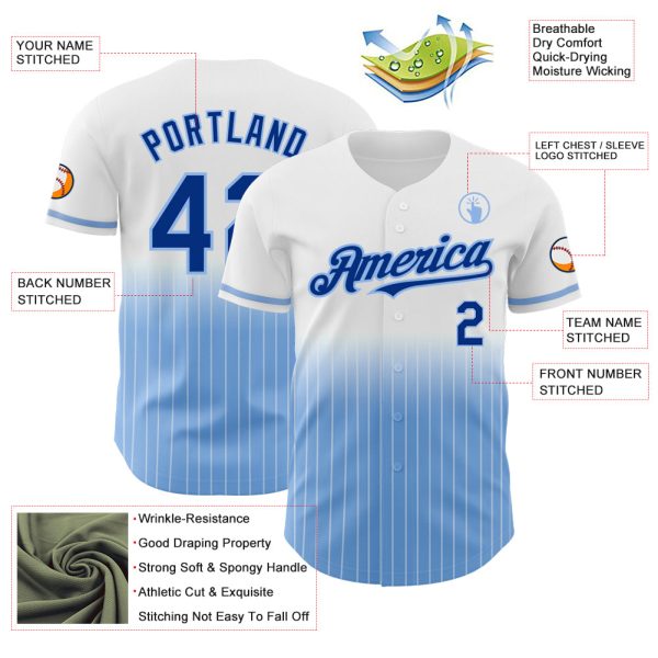 Custom White Pinstripe Royal-Light Blue Authentic Fade Fashion Baseball Jersey - Image 4