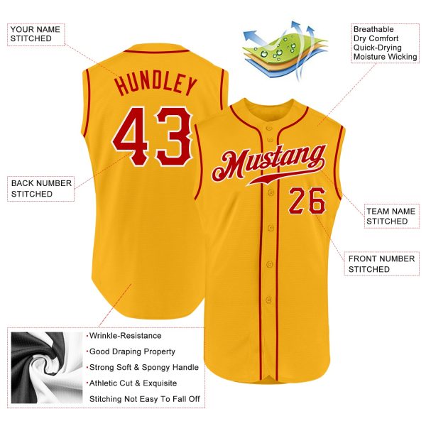 Custom Gold Red-White Authentic Sleeveless Baseball Jersey - Image 2