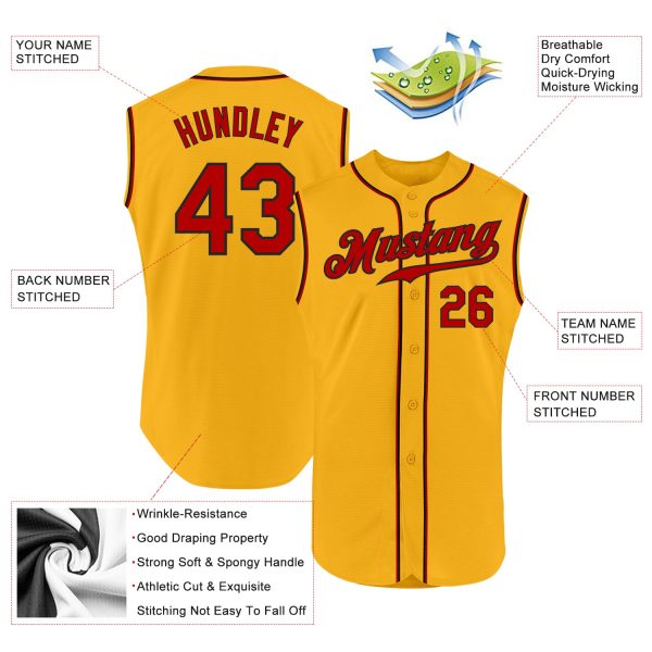 Custom Gold Red-Black Authentic Sleeveless Baseball Jersey - Image 2
