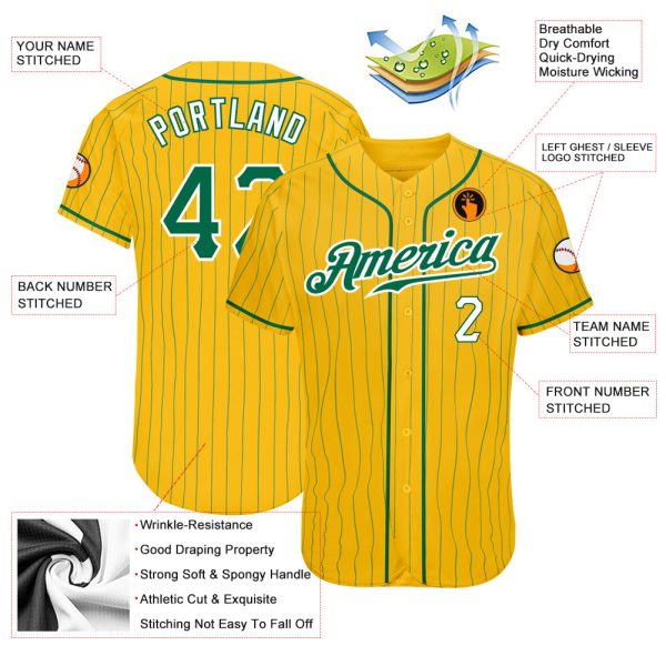 Custom Yellow Kelly Green Pinstripe Kelly Green-White Authentic Baseball Jersey - Image 3