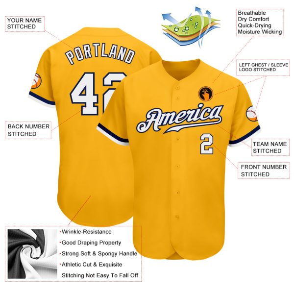 Custom Gold White-Navy Authentic Baseball Jersey - Image 3