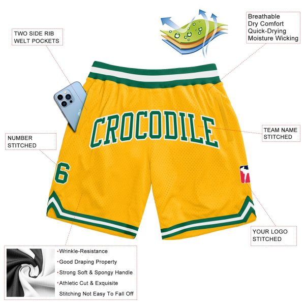 Custom Gold Kelly Green-White Authentic Throwback Basketball Shorts - Image 2
