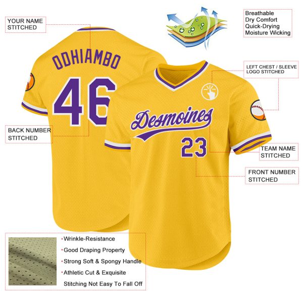 Custom Gold Purple-White Authentic Throwback Baseball Jersey - Image 3