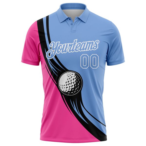 Custom Light Blue Pink-Black 3D Pattern Design Golf Ball Performance Golf Polo Shirt - Image 2