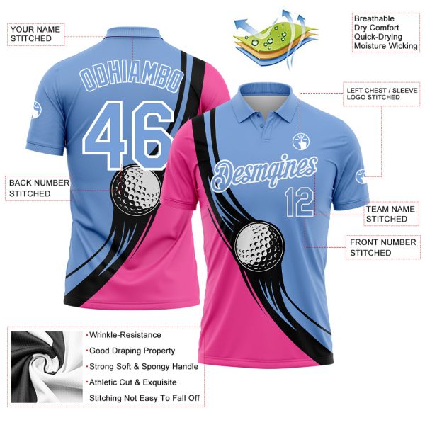 Custom Light Blue Pink-Black 3D Pattern Design Golf Ball Performance Golf Polo Shirt - Image 3
