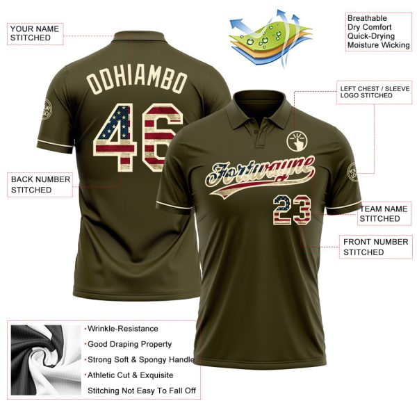 Custom Olive Vintage USA Flag-Cream Performance Vapor Salute To Service Golf Polo Shirt - Image 3