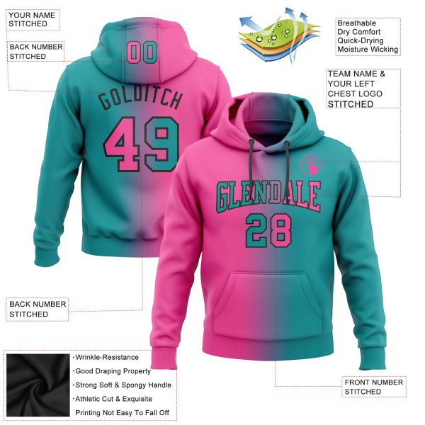 Custom Stitched Teal Pink-Black Gradient Fashion Sports Pullover Sweatshirt Hoodie - Image 2