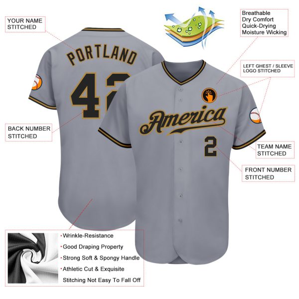 Custom Gray Black-Old Gold Authentic Baseball Jersey - Image 3