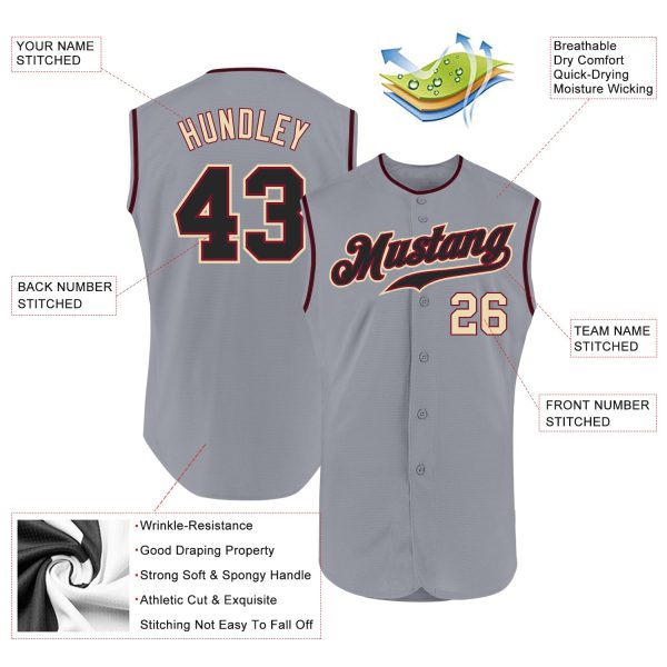 Custom Gray Black-Cream Authentic Sleeveless Baseball Jersey - Image 2
