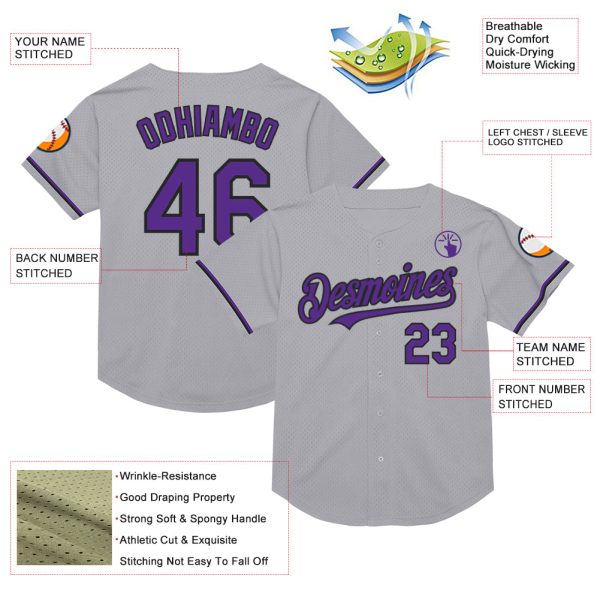 Custom Gray Purple-Black Mesh Authentic Throwback Baseball Jersey - Image 3