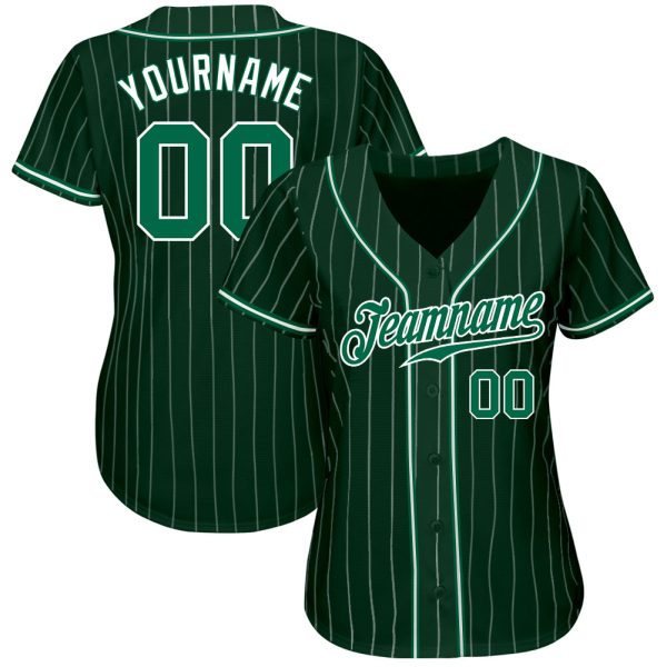 Custom Green White Pinstripe Kelly Green-White Authentic Baseball Jersey - Image 2
