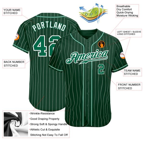 Custom Green White Pinstripe Kelly Green-White Authentic Baseball Jersey - Image 3