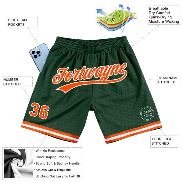 Custom Hunter Green Orange-White Authentic Throwback Basketball Shorts - Image 2