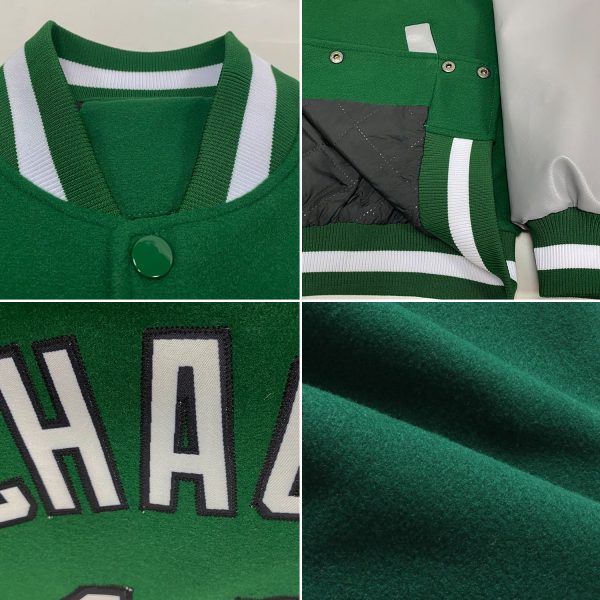 Custom Kelly Green White-Gray Bomber Full-Snap Varsity Letterman Two Tone Jacket - Image 2