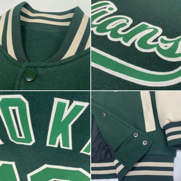 Custom Green Green-Cream Bomber Full-Snap Varsity Letterman Two Tone Jacket - Image 2