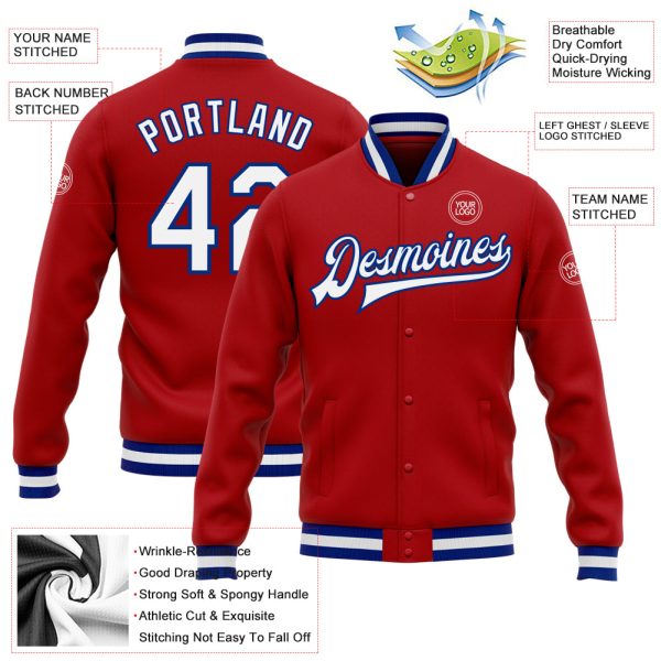Custom Red White-Royal Bomber Full-Snap Varsity Letterman Jacket - Image 3