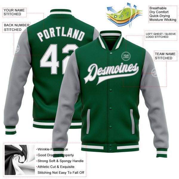 Custom Kelly Green White-Gray Bomber Full-Snap Varsity Letterman Two Tone Jacket - Image 3