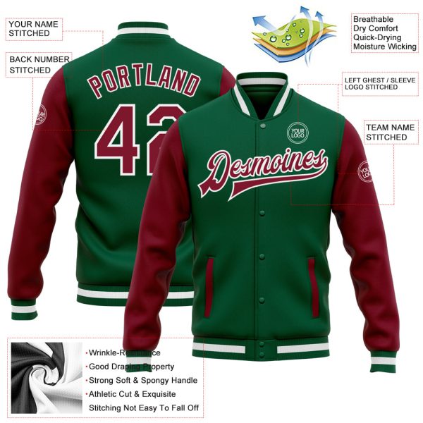 Custom Kelly Green Crimson-White Bomber Full-Snap Varsity Letterman Two Tone Jacket - Image 3