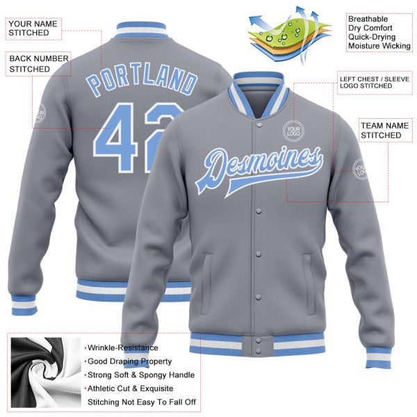 Custom Gray Light Blue-White Bomber Full-Snap Varsity Letterman Jacket - Image 3