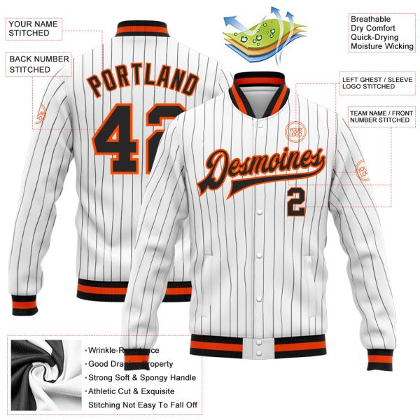 Custom White Black Pinstripe Black-Orange Bomber Full-Snap Varsity Letterman Jacket - Image 3