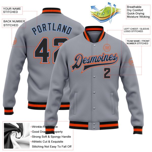 Custom Gray Black Powder Blue-Orange Bomber Full-Snap Varsity Letterman Jacket - Image 3