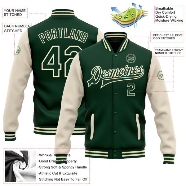 Custom Green Green-Cream Bomber Full-Snap Varsity Letterman Two Tone Jacket - Image 3
