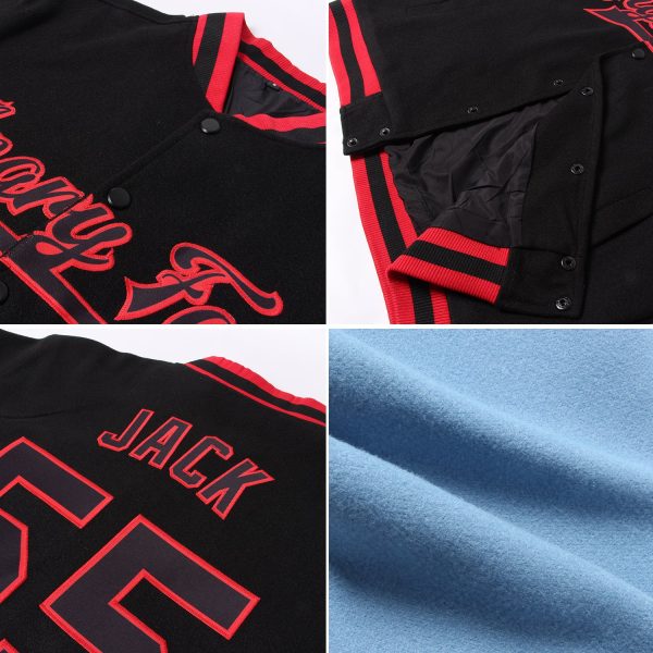 Custom Light Blue Kelly Green Cream-Black Bomber Full-Snap Varsity Letterman Jacket - Image 2