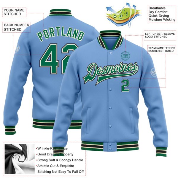 Custom Light Blue Kelly Green Cream-Black Bomber Full-Snap Varsity Letterman Jacket - Image 3