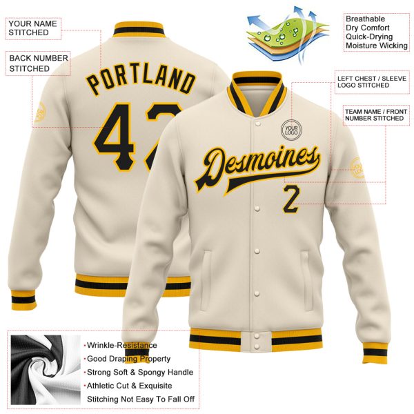 Custom Cream Black-Gold Bomber Full-Snap Varsity Letterman Jacket - Image 3
