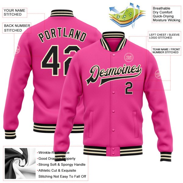 Custom Pink Black-Cream Bomber Full-Snap Varsity Letterman Jacket - Image 3