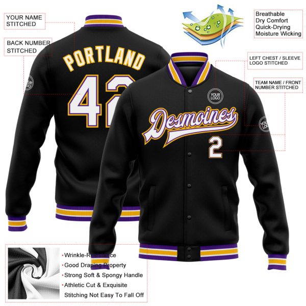 Custom Black White Purple-Gold Bomber Full-Snap Varsity Letterman Jacket - Image 3