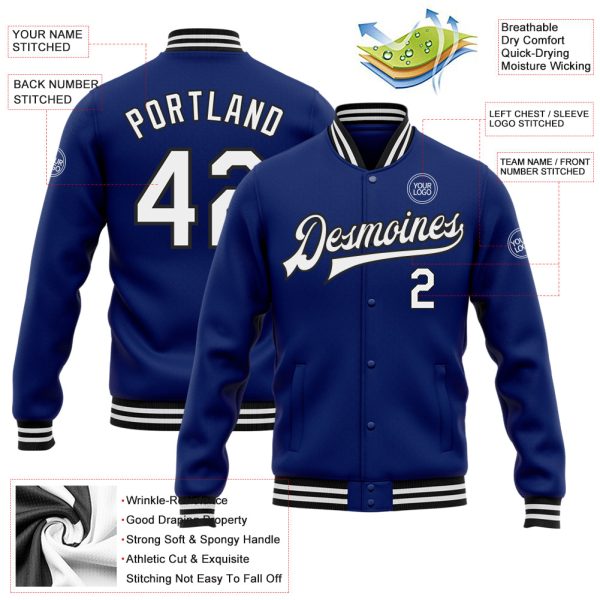 Custom Royal White-Black Bomber Full-Snap Varsity Letterman Jacket - Image 3