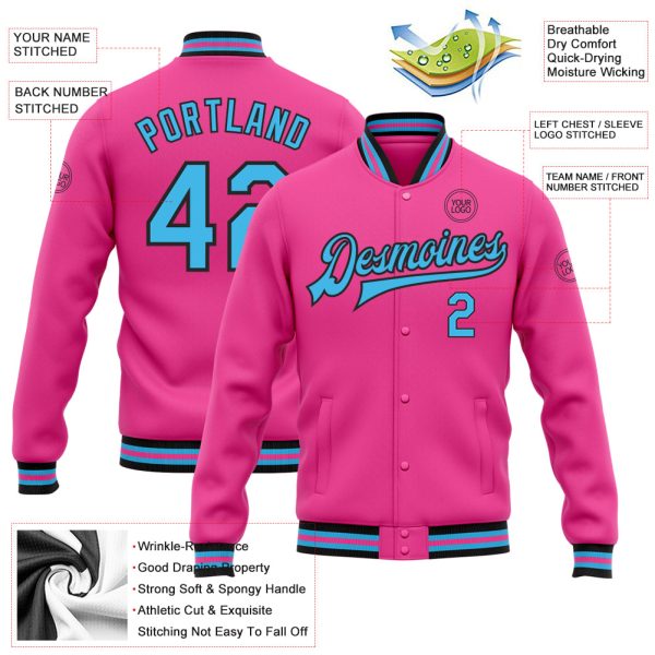Custom Pink Sky Blue-Black Bomber Full-Snap Varsity Letterman Jacket - Image 3
