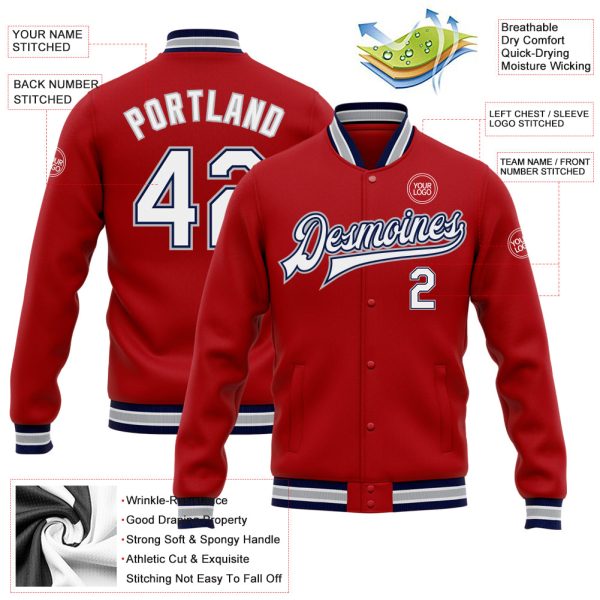 Custom Red White Navy-Gray Bomber Full-Snap Varsity Letterman Jacket - Image 3