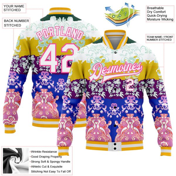 Custom White Pink-Gold Heron 3D Pattern Design Bomber Full-Snap Varsity Letterman Jacket - Image 3